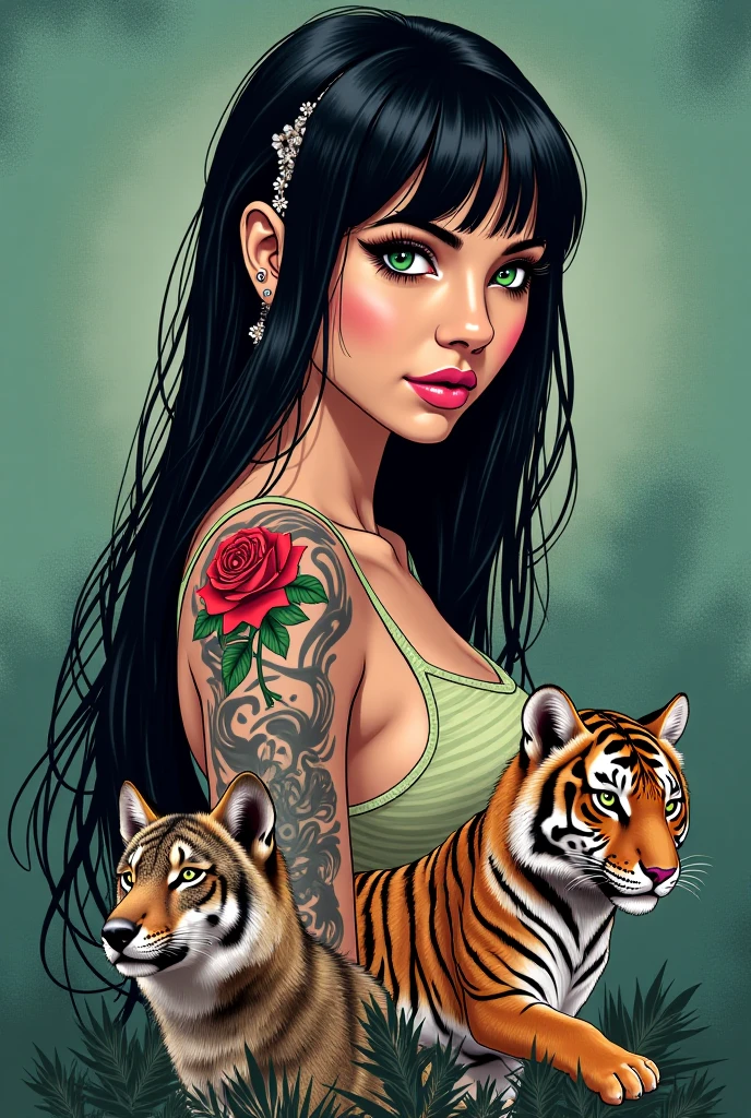 Tattoo of a woman with a Bengal tiger and flowers