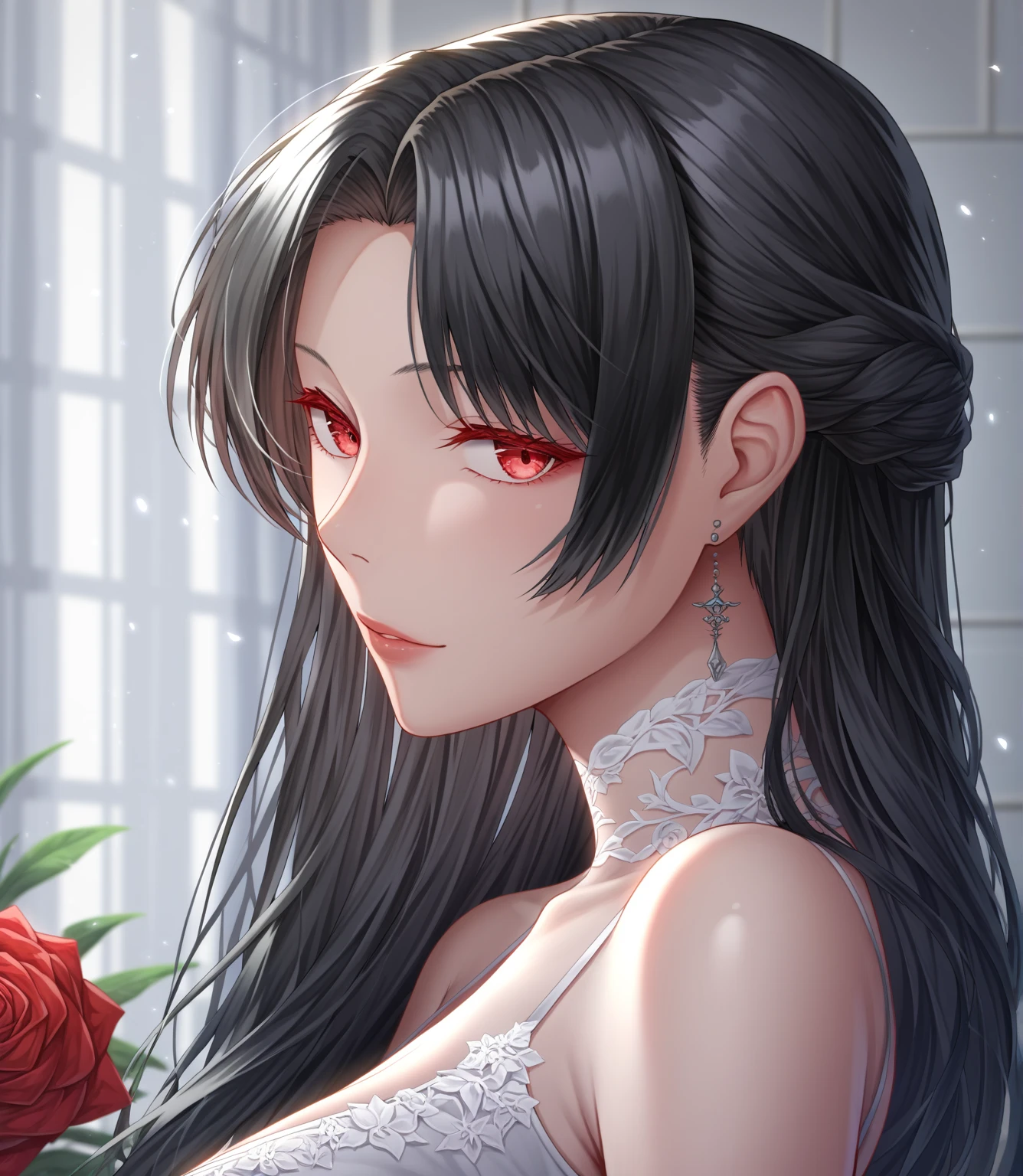 Anime girl with long black hair and white dress with red roses, Tattoo, Detailed beautiful eyes, Gu Weiss, Gu Weiss on pixiv artstation, Detailed digital anime art, Beautiful anime girl, Gu Weiss on artstation pixiv, Anime style 4k, guys, Beautiful anime portrait, Detailed portrait of anime girl, Detailed anime art, Beautiful anime woman