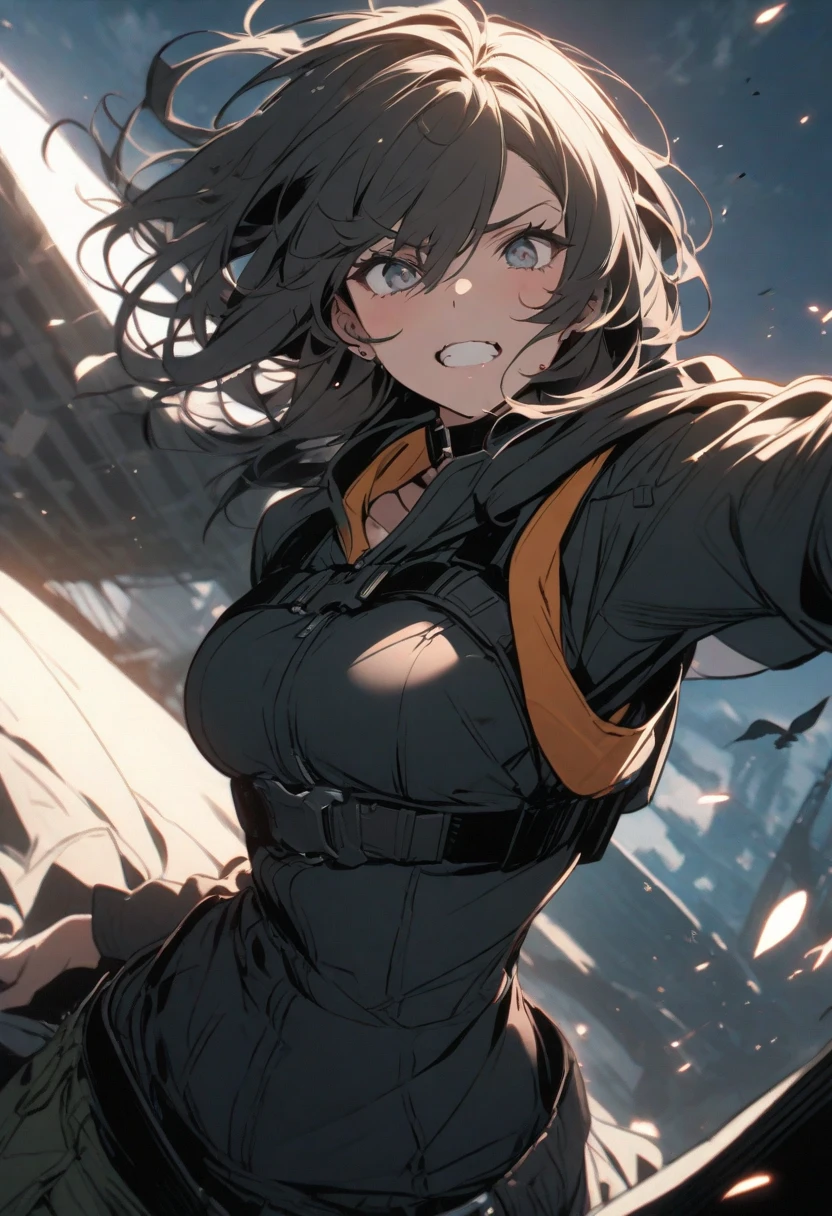 (UHD, retina, masterpiece, accurate, anatomically_correct, textured_skin, super_detail, high_details, high_quality, best_quality, high_res, 1080P, HD, 4K, 8k, 16k), (beautiful_detailed_eyes, beautiful_detailed_lips, extremely_detailed_eyes_and_face), soft_lighting, physically-based_rendering, vivid_colors, (large_breasts:1.5), (shiny_hair, shiny_skin, tanned_skin, blush), (bangs:1.5), eye_reflection, semi-profile_view, smile_and_laugh, (railgun, dynamic_pose:1.5),