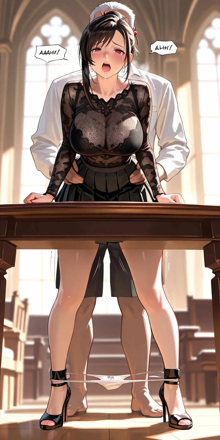 (mature woman,1boy),(((A young boy standing in front of a woman))),((nun)),(((A boy grabs a woman's butt:1.0))),{(open leg:1.2)},((panty,garter belt)),(gray hair,red eyes),(at church),(embarrassing,blush:1.3),((intense orgasm:1.3)),(tears:1.1),(lace panties:1.1),(huge breasts:1.0, Thick thighs),(Breasts spilling out of bra:1.1),(squat:1.1),(Squint eyes:1.3),(Long Sleeve),(((button-down shirt:1.1))),masterpiece,highest quality,dynamic angle, ((perfect hands)), detailed shiny skin, thin hair, fine eyes),