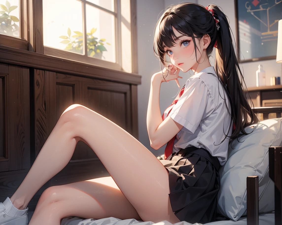 8K, drawn, masterpiece, high quality, highres, best quality, highres, 1girl, disheveled hair, illustration, focus on face, simple background, long hair, stockings, black hair, hair between eyes, calm, long bangs, bun, hair tie, crimson red eyes, large , very long hair, breastsct face, perfect legs, pleated skirt, full lips, add_detail:1