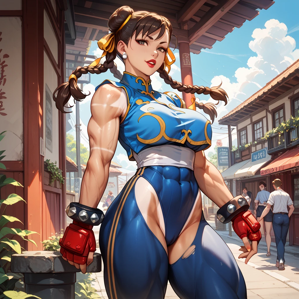 anime girl lifting a barbell in a gym, Chun Li at the gym, muscular sweat Lara Croft, working outside, high resolution commission, muscular!, extremely detailed artistic germ, Chun Li, muscular!!, Chun Li, Chun Li, weightlifting, Chin, Artgerm and Atey Ghailan, Surveillance, (SFW) Insurance for work, naked 