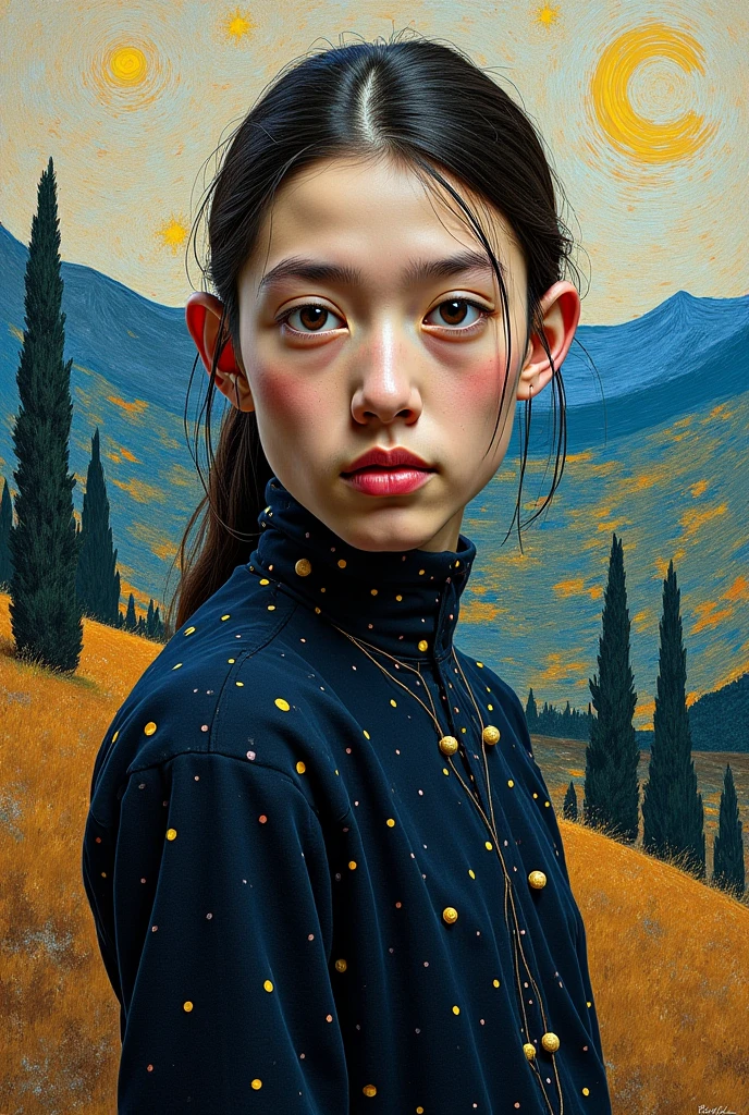 ager with short shoulder-length hair, looking at a vang gogh painting " the starry Night"
