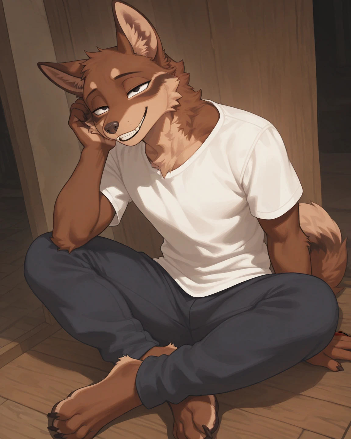 score_9, score_8_up, score_7_up, furry, 1boy, saluki, t-shirt, blep, long hair, (bangs, hair between eyes:1.2), one eye closed, tongue, <lora:SalukiPonyXL:1>, solo, source_furry, bulge, detailed background, anthro male, detailed background, blue jeans, male underwear peek, red flannel, open fly, sitting, hair, brown hair, unbuttoned, open shirt, farm, sitting on haybale, feet, crossed legs