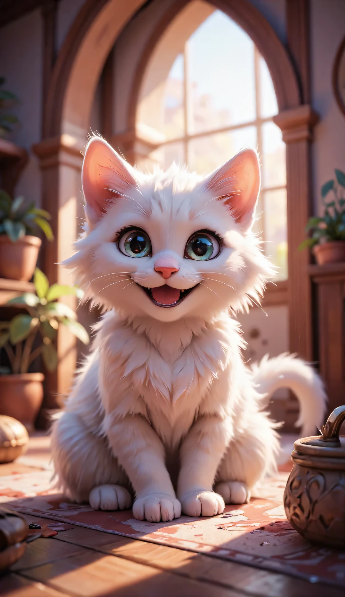 3D character, cute happy white kitten, sitting in the pet's house, Inside the room, masterpiece, Background Blur.