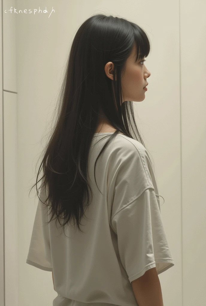 Long Hair、Back view、T-Shirts、In front of the white wall

