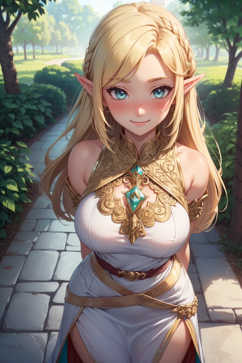 High resolution, Very detailed, perfect lighting, beautiful detailed eyes, ((masterpiece,Best Quality)), absurdities, alone, princess zelda, by the width, crown braid, Hair clip, pointy ears, Gloves without fingers, black gloves, smile, curves, nod, , deep neckline, deep neckline, violet one piece swimsuit with pink details, touching her breasts in a sexy way, close up, black fur, close up, pigtails with bangs, pigtails with bangs, touching her breasts in a sexy way, teal eyes, close up, pigtails with bangs, pretty face, white beret, landscape