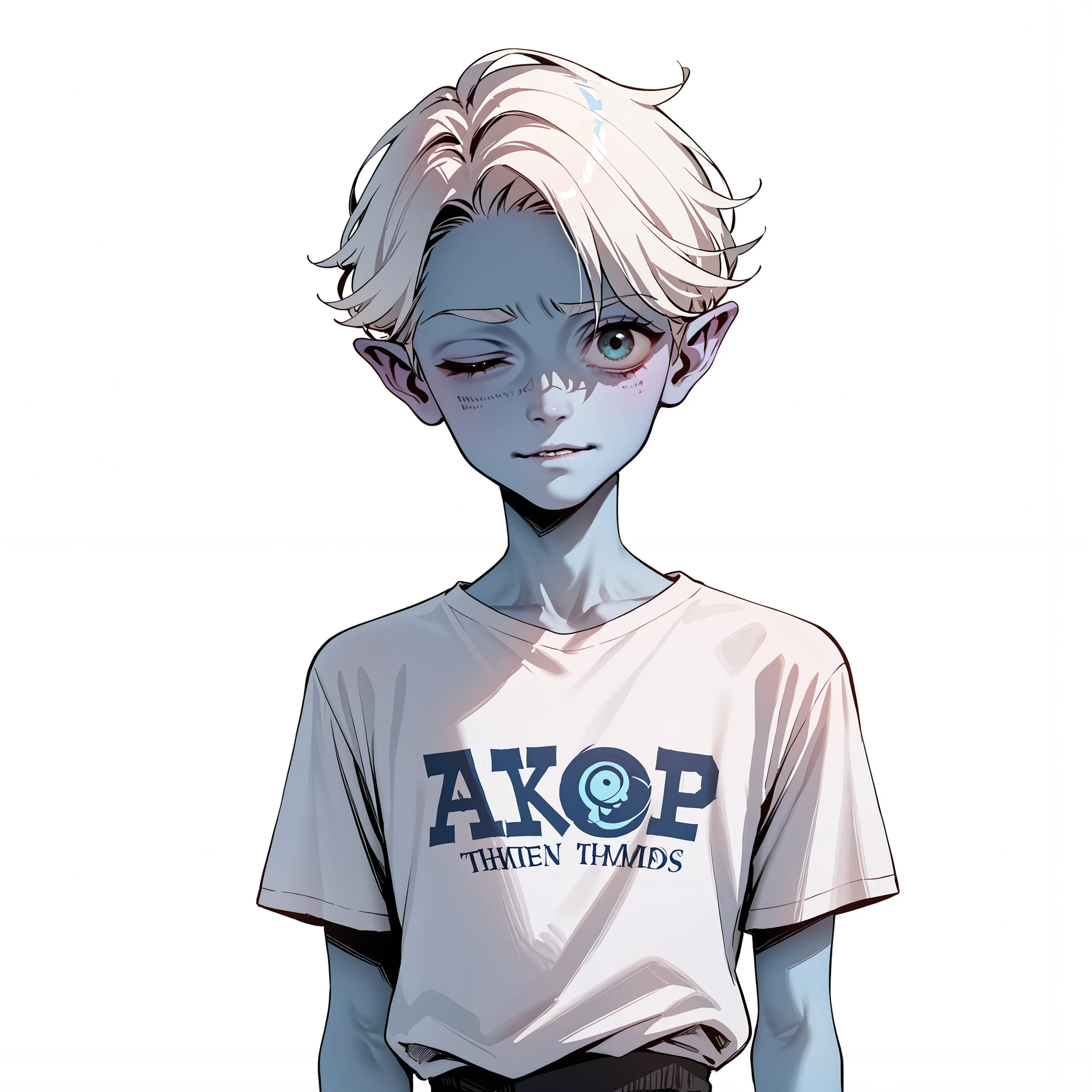 score_9, score_8_up, score_7_up, a blue young alien male who is very smart, white hair, skinny, shirt, top of his class, adorable, white background. Giving a thumps up and winking at viewer. Humanoid in apeance. ((Blue skin))