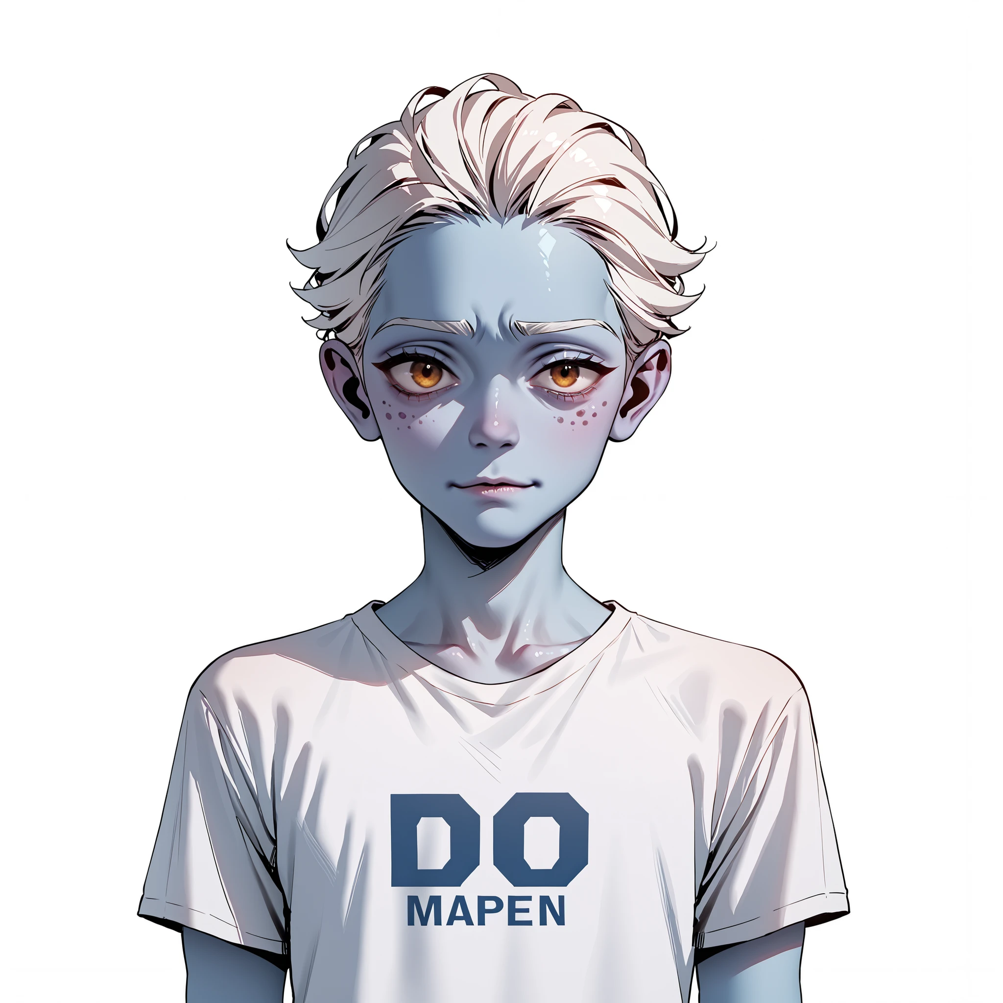 score_9, score_8_up, score_7_up, a blue young alien male who is very smart, white hair, skinny, shirt, top of his class, adorable, white background. Giving a thumps up and winking at viewer. Humanoid in apeance. ((Blue skin))