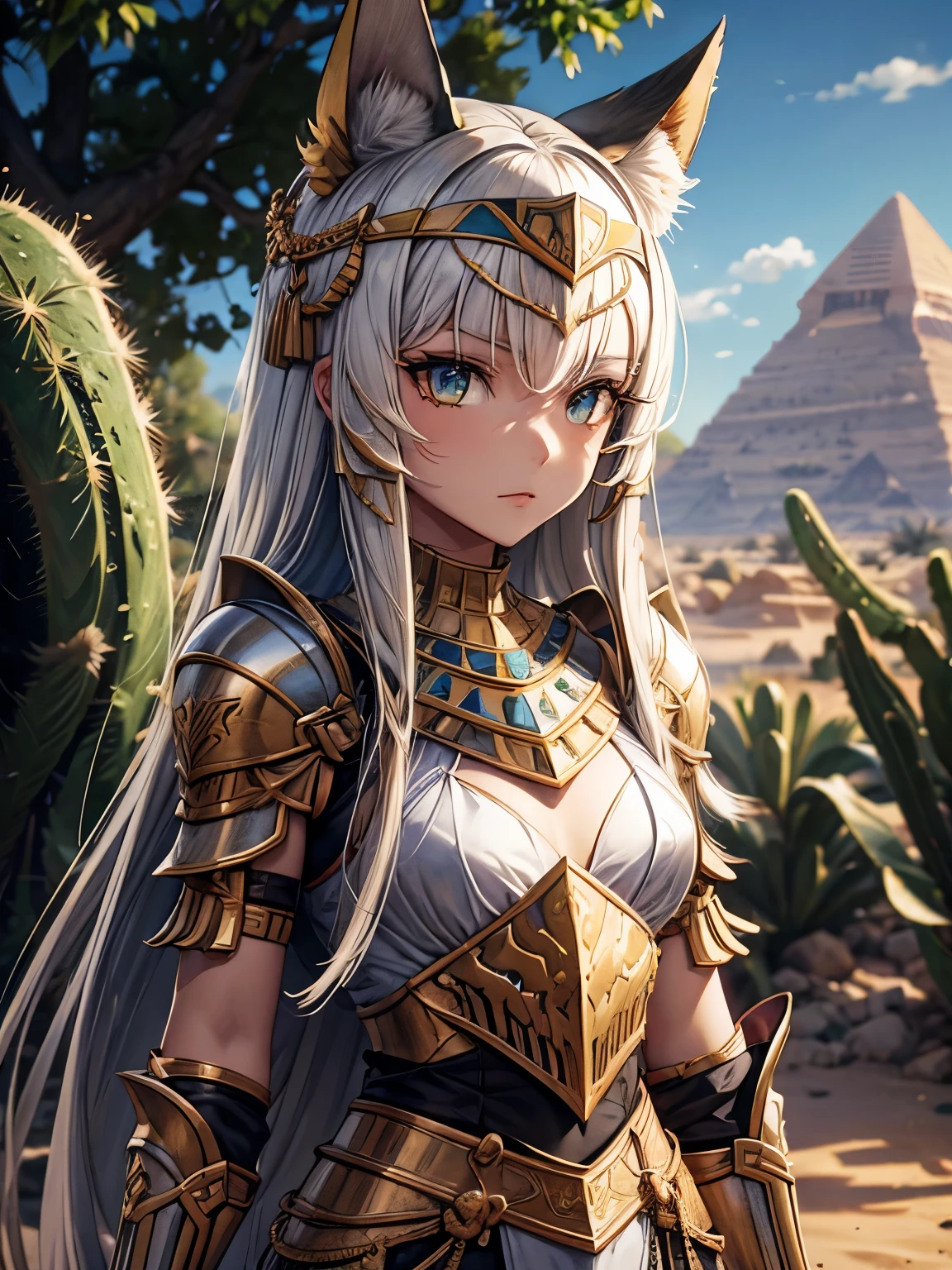 Catgirl, egyptian armour, egyptian crown, warrior, white hair, cactus and desert vegetation background