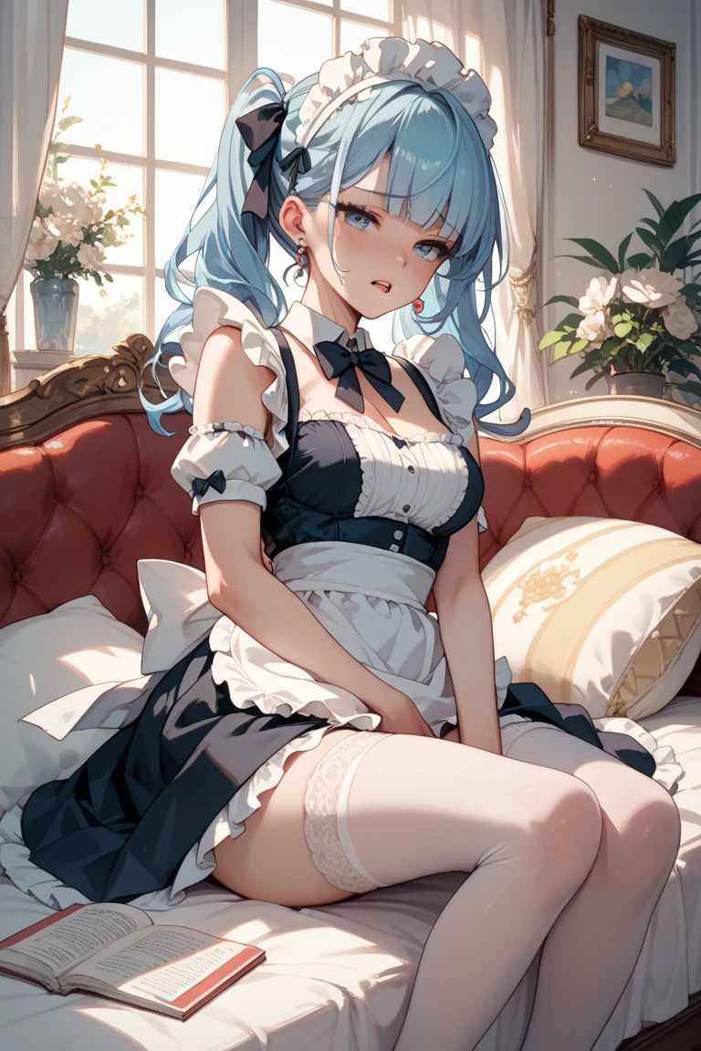 royal family member,ta prostitute,Blue color scheme,white long straight hair,red eyes,ear nipple ring,secretary,leg loops,windowsill,starrysky,black silk high heels,long skirt,Serious,an your legs,shairband,Lace gloves ,Jiuru,maid