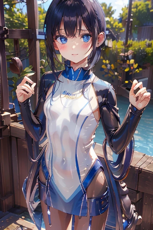 <lora:karen_sonomiya-10:.8> karen sonomiya, grey hair, long hair, low twintails, hair ribbon, bare shoulders, pilot suit, solo, elbow gloves, grey leotard, halterneck, grey thighhighs, grey headgear, small breasts, purple eyes, smile, outdoors