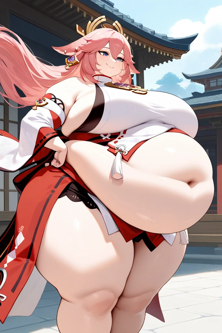 score_9,score_8_up,score_7_up,bachong, solo, 1girl,big breasts, looking_at_viewer, highres, absurdres, thighhighs, black stockings,kimono, , wide hip, erect nipples under clothes, blushed, open mouth, embarrased, view from behind, ass up, gigantic nipples, spread nipples, open nipples, large nipples, wide nipples, full nelson, high heels