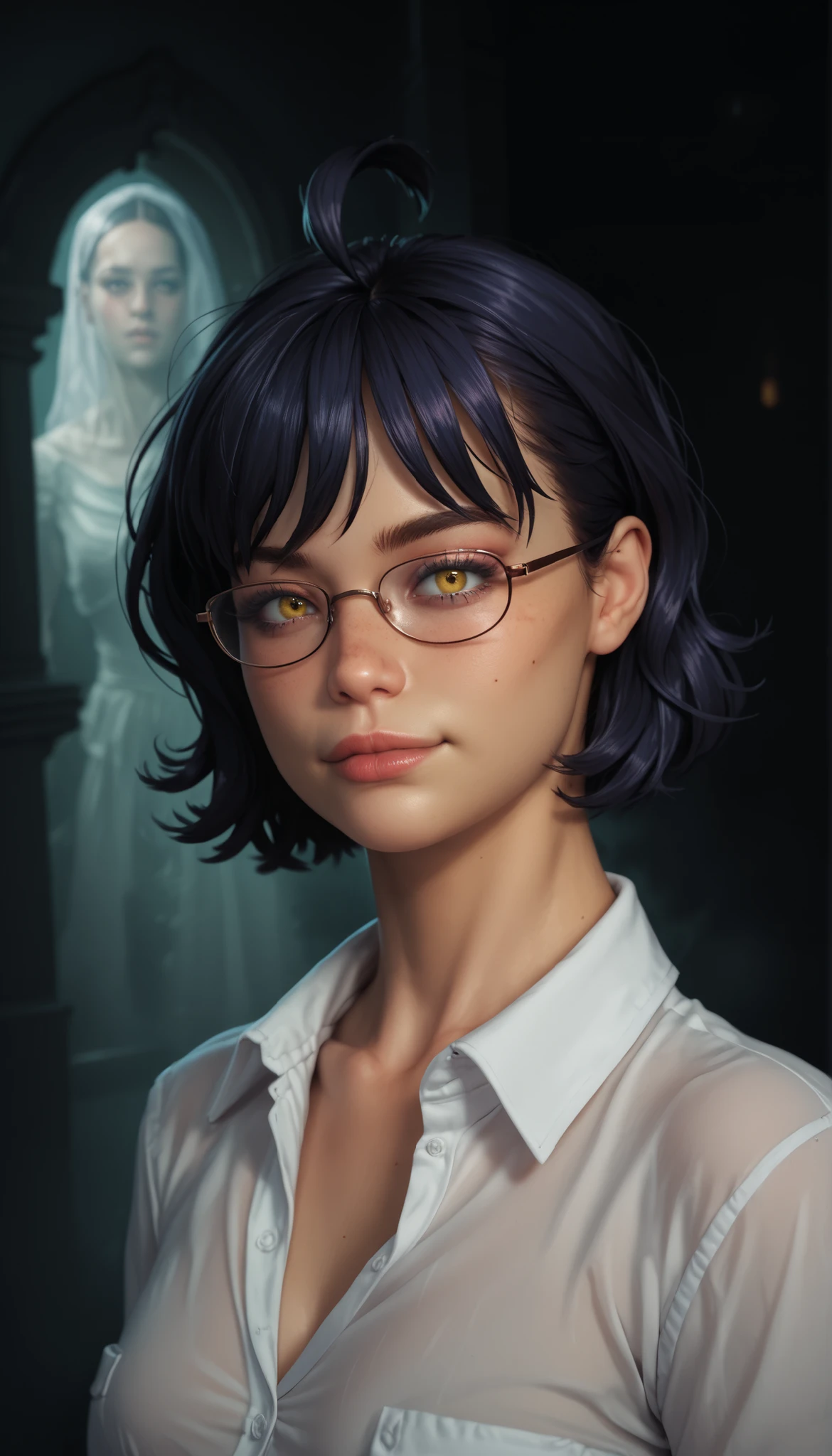 score_9, score_8_up, score_7_up, score_6_up, high resolution, ultradetailed, high detailed picture, look at you, dynamic pose, dynamic angle, smug, seductive, by dmitrys, (a ghostly, haunting, aesthetic nightmare), 1 woman, detailed face, melancholic expression, dark smoky atmosphere, moody lighting, intricate details, cinematic composition, dark fantasy, surreal, digital art, rounded face, mz, ahoge, short hair, blue hair, yellow eyes, glasses, shy, perfect flat breast, look at you, glasses, ghostly