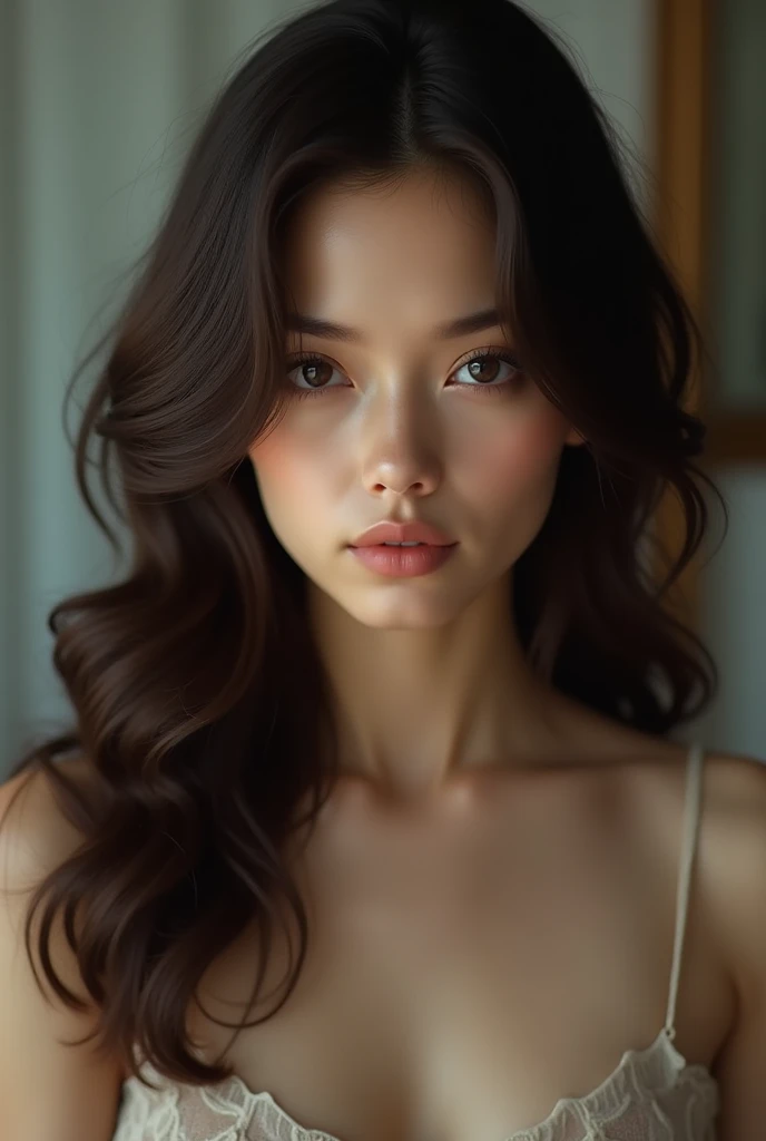 (lifelike, high - resolution:1.3), 1 girl with a perfect body, Super fine face and eyes,slong hair, small boob, jang won young,Expose cleavage
