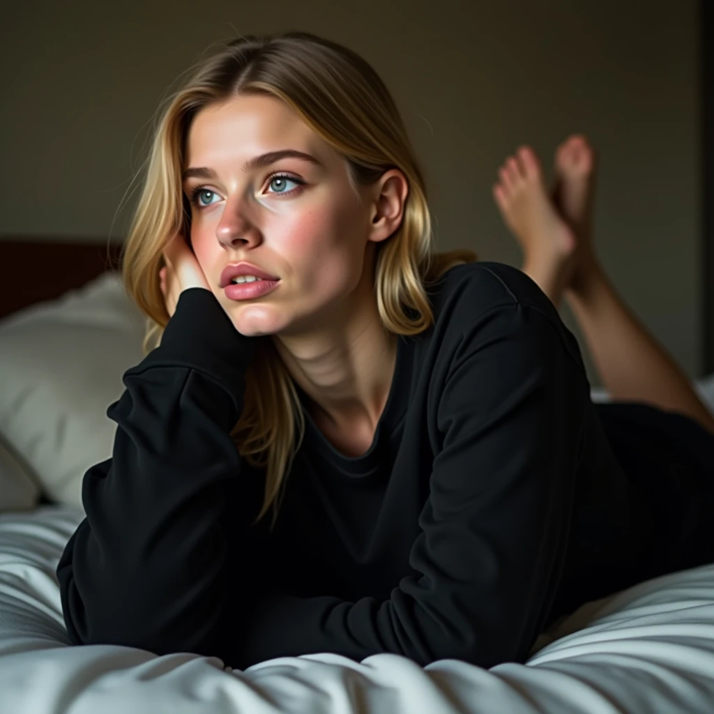 Blonde bombshell , is taking a selfie at night laying on the pillow at the bed. She is wearing a black large t-shirt.