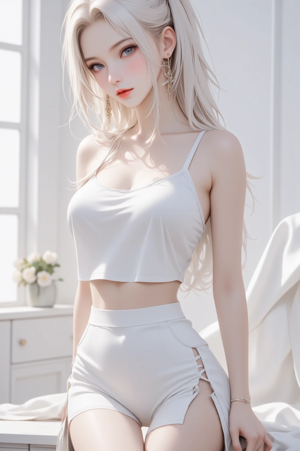 (hyperrealistic), (illustration), (high resolution), (8K), (extremely detailed), (best illustration), (beautiful detailed eyes), (best quality), (ultra-detailed), (masterpiece), ( wallpaper), (detailed face), solo, 1 girl, white wavy hair, korean, heterochromic eyes, small moles under the eyes, loose white shirt, yoga pants, big breasts, long legs, tight abs, camel toes, dynamic pose