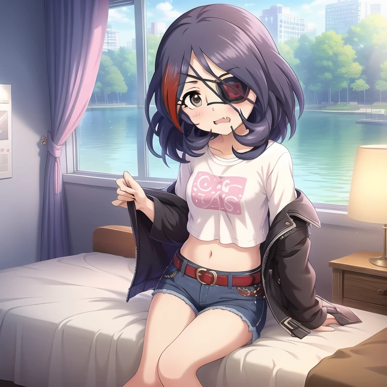 Hayasaka Mirei,purple hair,multicolored hair,fang,brown eyes,short hair,eyepatch,tummy,white shirt,Denim shorts,shorts rolled,