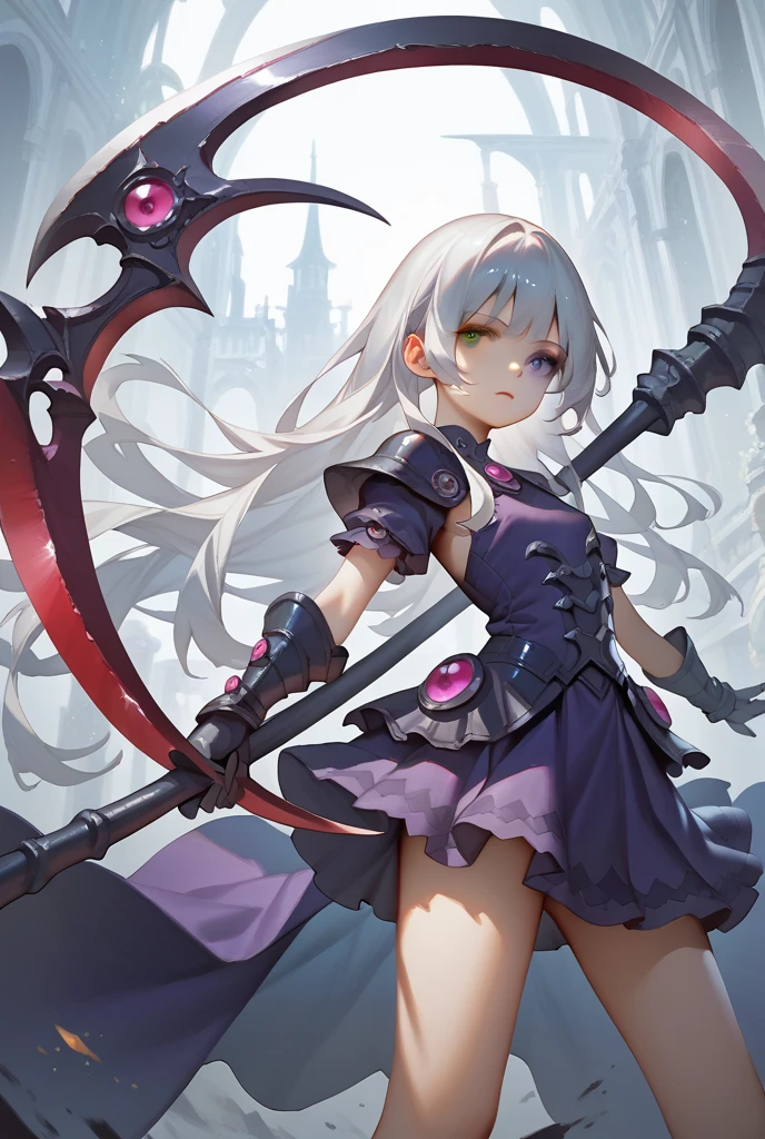 1girl,mature female,solo focus,glowing magenta eye,colored sclera,white hair, long hair,(((pale skin,extremy white skin,hair over one eye,halo pink))), sharp teeth, open mouth,(((medium breasts,glossy body))),((white bra,no use shirt,white skirt,bare feet,)),(((villain,psycho,villain smile,psychopath,angry))),(((running in front a stones ruins in night,attacking holding a magic magenta Scythe))),masterpiece,hd,best quality,8k,detailed face,close-up on face,perfect face,(waist-up view)