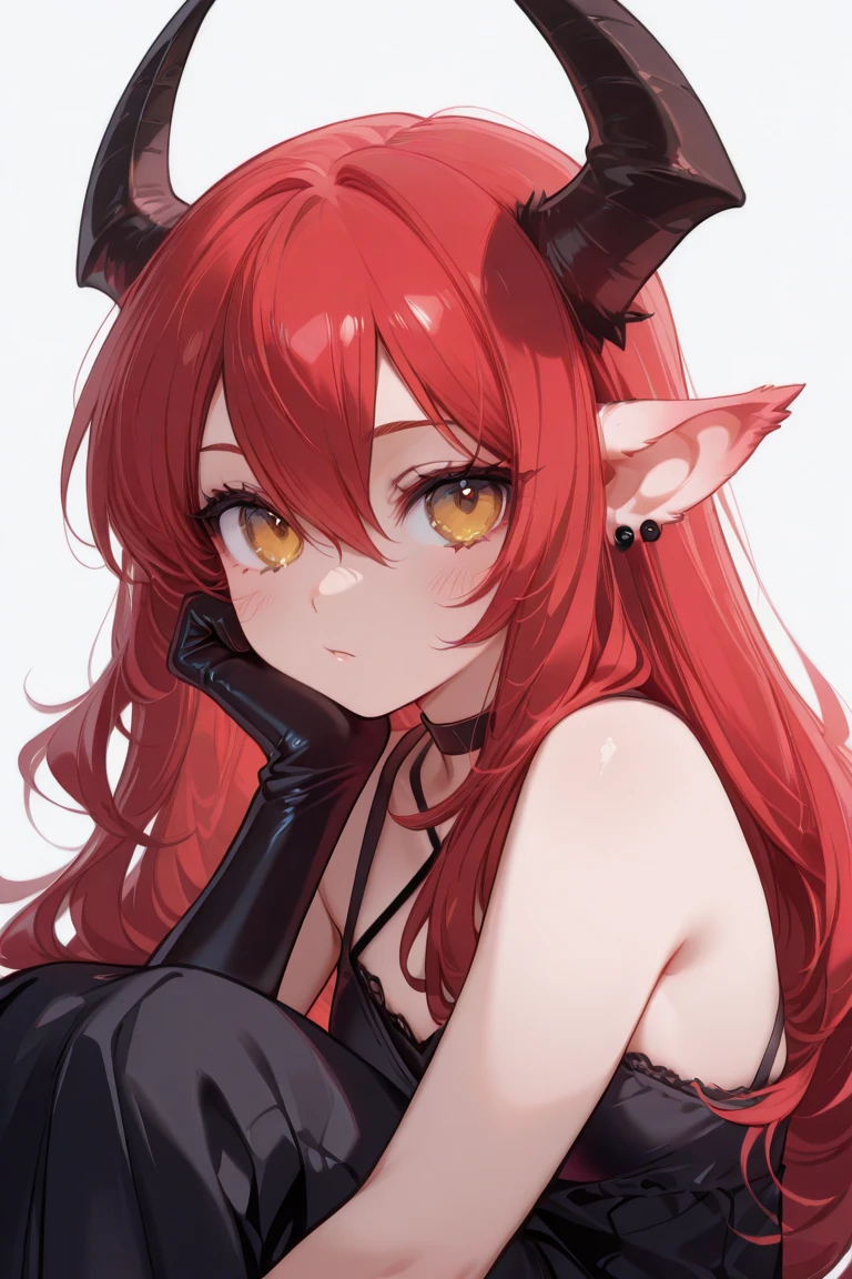Masterpiece, best quality, portrait, red ears, red, cat girl, pale skin, red curly hair and red cat ears, finger on lips, lingerie, dark green eyes, doesn't wear makeup, red cat ears, bubbly attitude, happy eyes, cute and seductive, freckles, beautiful, girl next door, collar