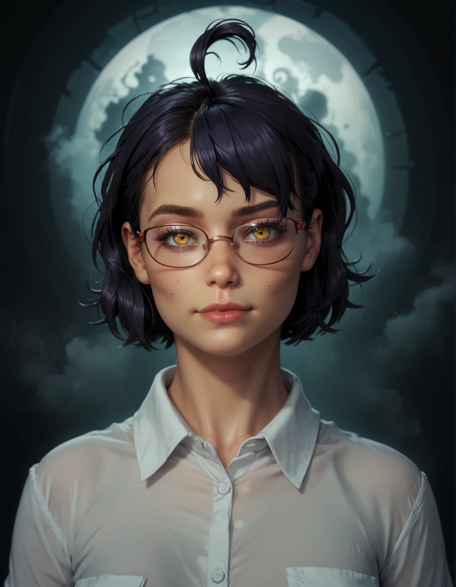score_9, score_8_up, score_7_up, score_6_up, high resolution, ultradetailed, high detailed picture, look at you, dynamic pose, dynamic angle, smug, seductive, by dmitrys, (a ghostly, haunting, aesthetic nightmare), solo, detailed face, melancholic expression, dark smoky atmosphere, moody lighting, intricate details, cinematic composition, dark fantasy, surreal, digital art, rounded face, mz, ahoge, short hair, blue hair, yellow eyes, glasses, shy, perfect flat breast, look at you, glasses, ghostly