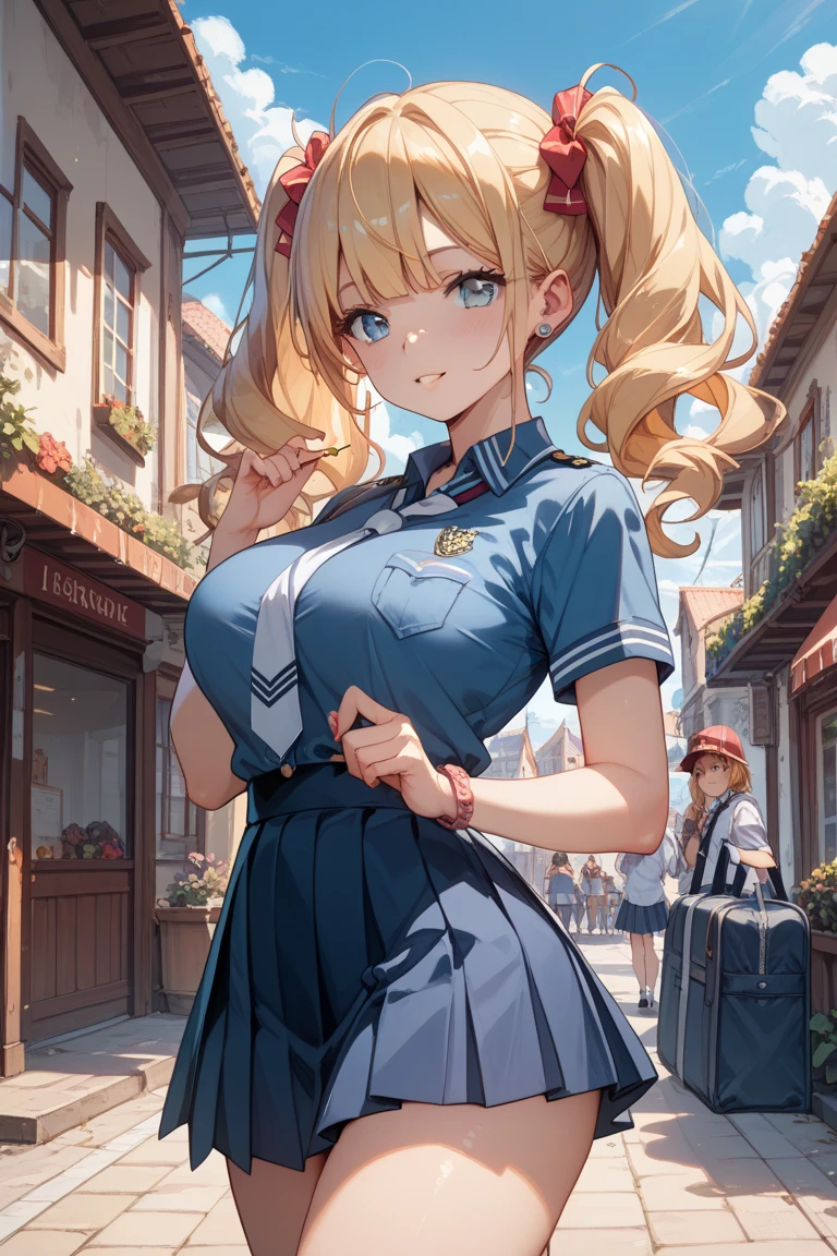 highest quality、High resolution、Detailed Background、(Beautiful face in every detail:1.4)、Anatomically correct、(Detailed facial expressions)、(Detailed eyes:1.2)、Teenage beauty、(Highly detailed face:1.4)、(Huge breasts:1.2)、Light color hair、Bobcut、ponytail、Braided long hair、well-groomed eyebrows、Perfect body line、A big smile、(Retro style street and girl:1.5)、Clean atmosphere、A picturesque scene、
Use a blouse with a sailor collar and frills、Pleated or flared skirts are recommended.、Matching accessories with frills will create a unified look.、Sailor blouses and skirts in pastel colors、Pink or Blue、The gentle colors such as lavender are cute.、Pair with white items for a clean look、cute