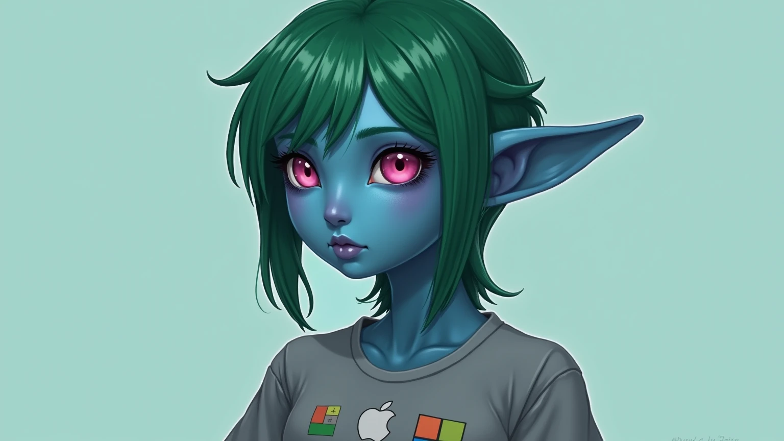 art by Bikupan, freckles, 1girl, solo, pointy ears, jewelry, earrings, green eyes, green hair, dark-skinned female, dark skin, short hair, portrait, blue eyes, closed mouth, elf, purple eyes, close-up, looking at viewer, smile, choker, multicolored hair, flower, close up, elf girl, <hypernet:Bikupan_Faces 310 NS1221-18200:1>