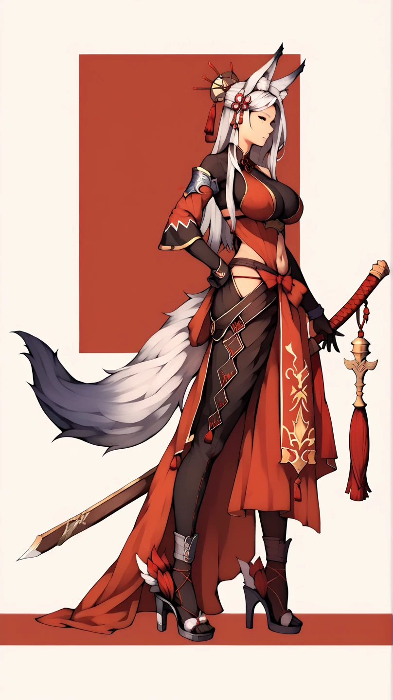 high resolution, kitsune, fox girl, anime, busty, silver white hair and fur, silver fox ears, silver fox tails, mage, spell caster, fantasy mage clothing, full body, , character reference sheet, solo, long hair, sfw, vtuber, beautiful, white background, open eyes, standing, tall,