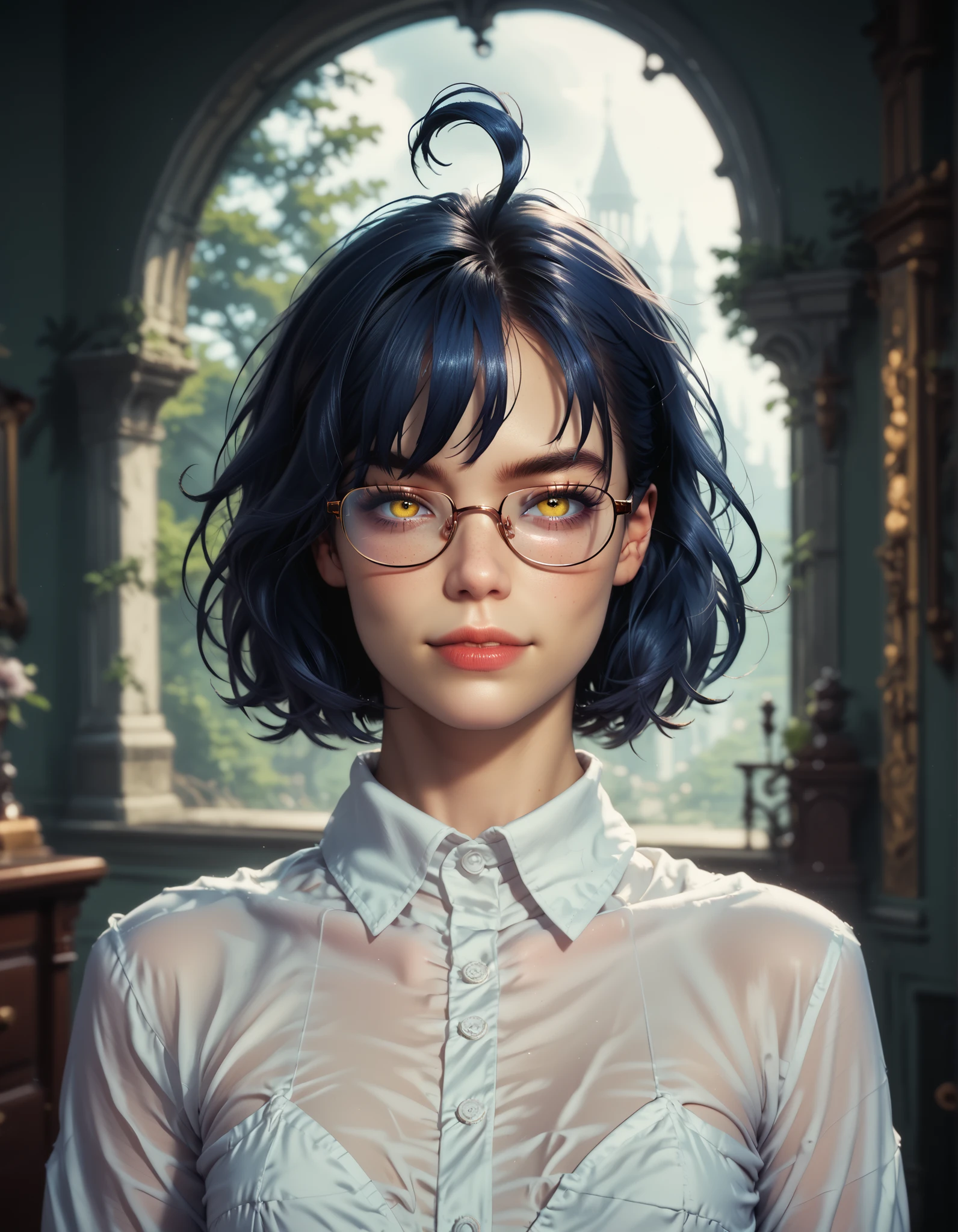 score_9, score_8_up, score_7_up, score_6_up, high resolution, ultradetailed, high detailed picture, look at you, dynamic pose, dynamic angle, smug, seductive, by dmitrys, (a ghostly, haunting, aesthetic nightmare), solo, detailed face, melancholic expression, dark smoky atmosphere, moody lighting, intricate details, cinematic composition, dark fantasy, surreal, digital art, rounded face, mz, ahoge, short hair, blue hair, yellow eyes, glasses, shy, perfect flat breast, look at you, glasses, ghostly
