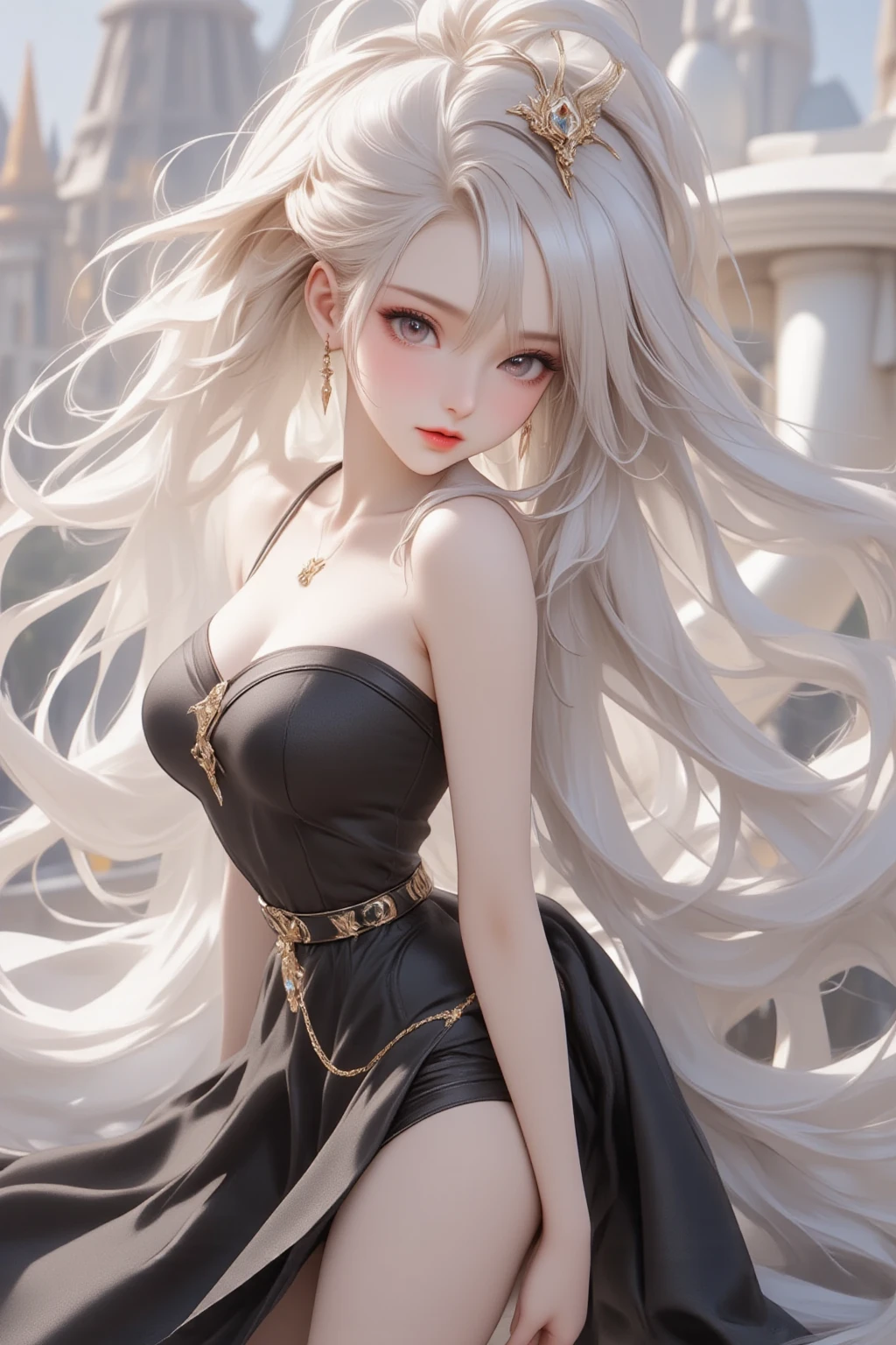 a woman in a long silver solid draped spaghetti dress, silver high heels, diamond hair piece, 17 years old, shoulder length slightly wavy hair, ((ashy brown hair)) and gleaming detailed vibrant grey eyes, slim frame, medium breasts, long legs, beautiful face, small butt size, small feet size, small hand size, perfect hands, scary face, beautiful face, pretty face, hot woman, British woman, cream skin, small soft pink lips , medium breast size, slim figure, standing pose, soft features