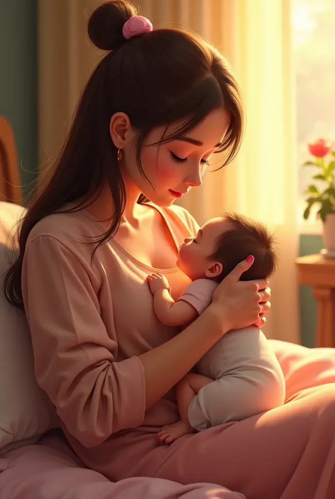 A serene room with soft lighting, where a young mother is expressing breast milk into a bottle. She sits comfortably, perhaps in a nursing chair, with a baby either in her arms or sleeping nearby. The mother's face shows peace and love. Milk flows gently from her breast into a clear, transparent bottle, creating small droplets on the inside of the bottle. The atmosphere is quiet, possibly with the gentle sound of lullabies or just the soft breathing of the mother. The scene exudes warmth, naturalness.