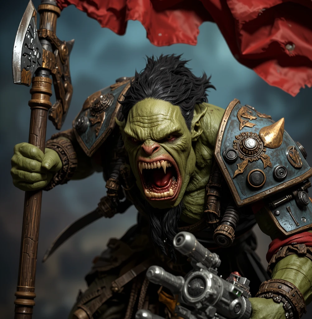 GRAND GENERAL PLAN:1.7, whole body, full centered image, bloom,((1 ogre alone with a giant axe in his hand:1.5, strong and robust, dynamic pose, with shoulder pads and decorative bones, large and sharp fangs:1.5)), fighting stance, looking at the viewer, broad, for the floating, Hanfu, chinese clothing, long sleeves, (abstract ink splash:1.2),