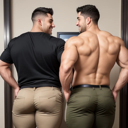 Award-winning original photoen, 30 years old man and wild muscular man, 40 years old, short beards, burly, hunk, wearing shirts, smilling happil, detailed, lovely, ((full body)), (((shirtless )))(((olive jeans))) (((backside))) (((Big butt)))