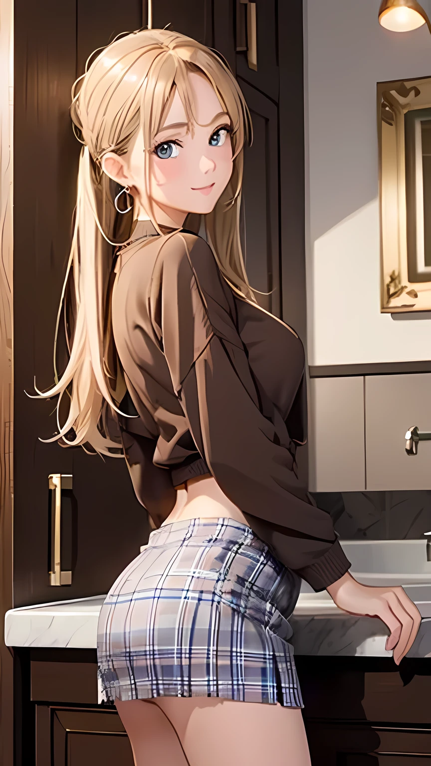 masterpiece, in the bathroom 、 Best Quality 、 Sexy Pose 、 Dim Night Bar Background 、 blondes、 and the hair is tied at the back:1.2, blue eyes, smile、 tilt your neck 、 back of the anus、large gold earrings and necklace :1.5,、 Model Walks 、 with Sparkling Flowers 、 thin thighs 、 cowboy shooting、brown.plaid low rise mini skirt bikini、brown、sweater:1.5、brown striped pantyhose