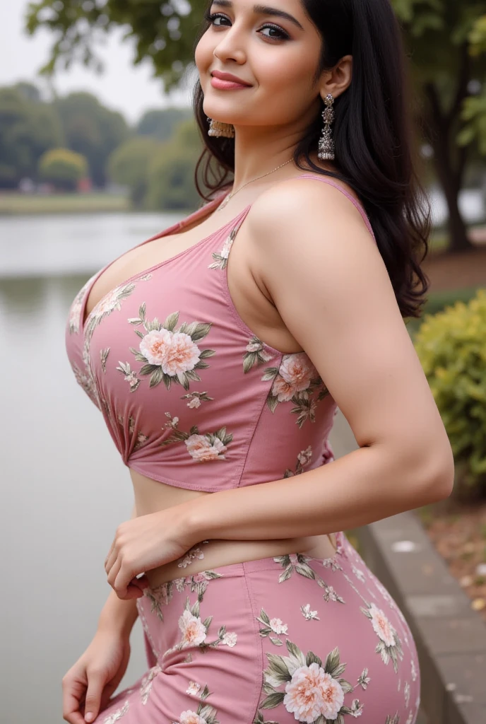  south Indian beautiful woman sexy curvy plus size model wearing different random color skin tight Bollywood Blush Banarasi Dress, eye contact camera view, different style standing position, curvy plus size big hour glass bulky huge figure, big m-cup bulky huge breasts, different style hairstyle, bright eyes, thin eyebrows, fair skin, blushing cheeks, prefect head to thigh close up view, Eden Seraphim Gardens background and location, Dreamcatcher Delight Embroidery, ultra realistic skin texture, head to thigh close up view, smile face, shadow lighting effect