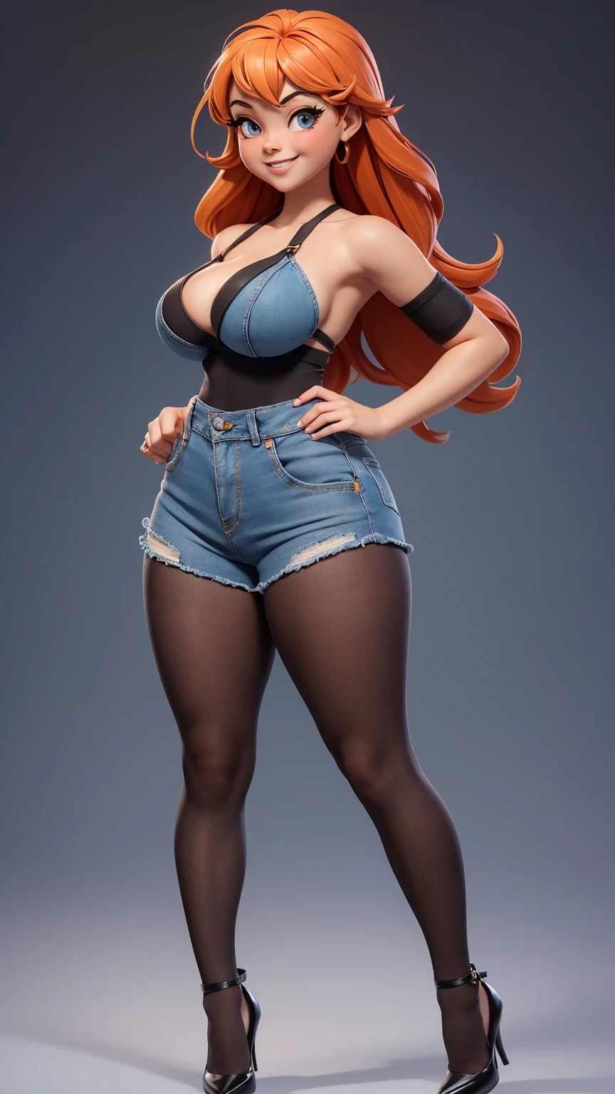 ((Best Quality)), ((Masterpiece)), (((detailed character sheet, frontal view, side view, three quarter view))) white background、one piece、whole body、whole bodyイラスト、whole bodyアニメーション、whole bodyリファレンスシート、denim、Tank top、High heels、Swimwear、bikini、original、New World、Long Hair、Orange Hair、Tattoo on left arm、Ring belt、Heighten your head、smile、Cute face、Narrow waist、Long legs、Beautiful feet、9 heads body、beautiful lady