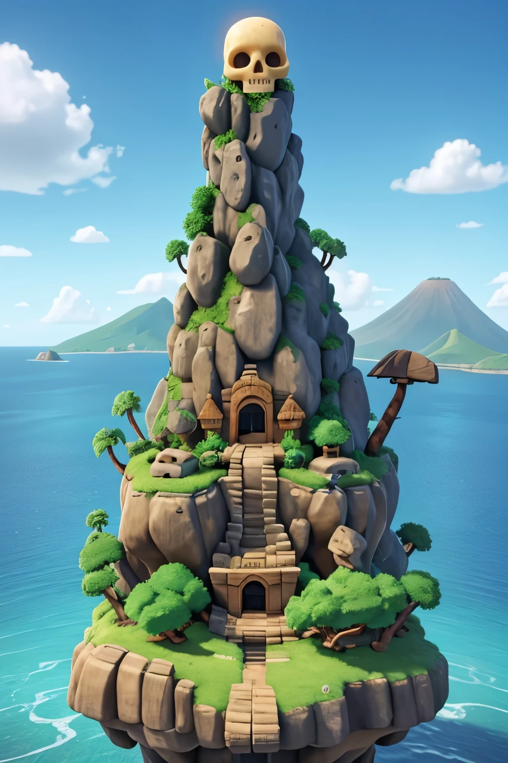 I need to create an island-style as if it were a high-resolution 3D cartoon pixar-style rendering of an island in the shape of a skull as if the skull were engraved in stone, the open-mouthed skull with treasure inside its mouth, Two waterfalls come out of the eyes one on each side, there is a pirate ship heading towards that island, the island has vegetation rolling around as if it had been abandoned a long time ago, at the top of the island is a volcano emitting smoke