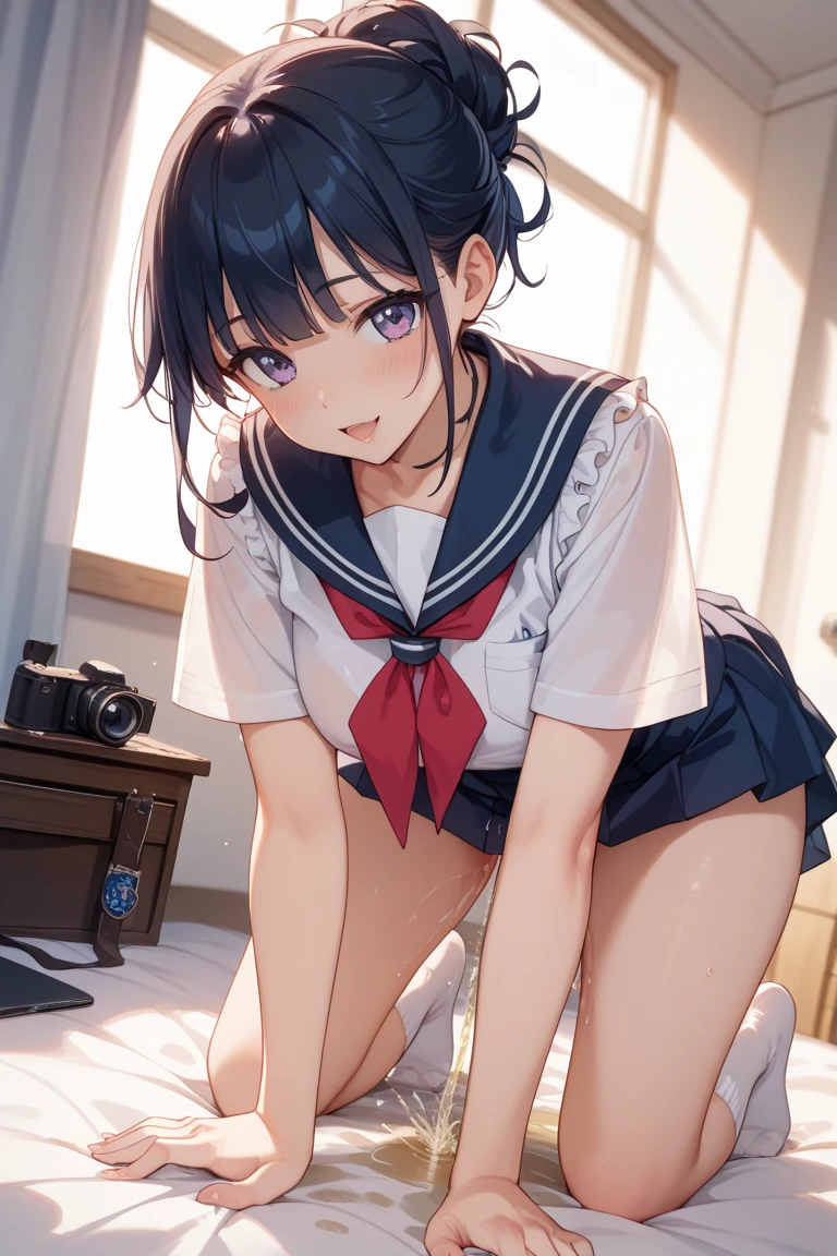 A female student in a sailor uniform who is unwell in the nurse's office(masterpiece, best quality:1.2),illustration,8K,HD,1girl,独奏,upper body,(portrait:1.2),brown_hair,folded_ponytail,brown_eyes,serafuku,long_hair,school_uniform,skirt,pleated_skirt,