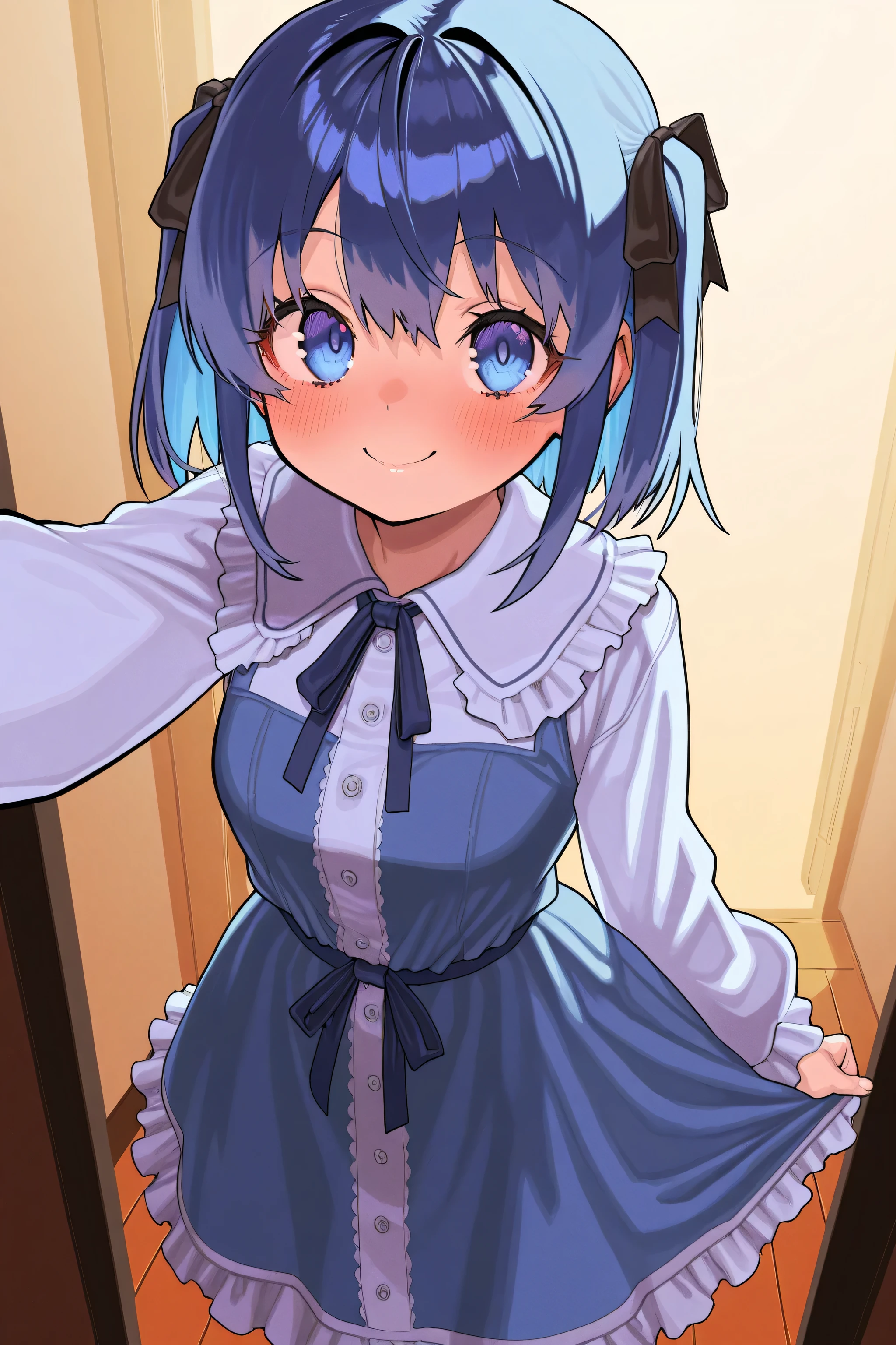 a beautiful detailed young woman with short blue hair and white hair ornaments, wearing a casual blue Chinese-style shirt, short white skirt, and Chinese-style sandals, carrying a black backpack, posing in an art museum with her white panties and cleavage visible, highly erotic scene, extremely detailed, 8K, photorealistic, intricate details, masterpiece, realistic lighting and shadows, vibrant colors, cinematic composition((Blue casual Chinese shirt、Black short hair、Blue and white hair ornament、Big Breasts、White mini skirt、Chinese sandals、Black backpack、Inside the museum、Pure white panties、Butt、Cleavage、Naughty、Thighs))