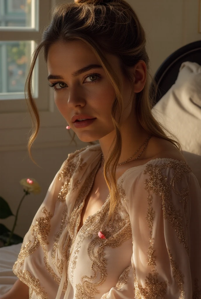 1girl, beautiful detailed eyes, beautiful detailed lips, extremely detailed eyes and face, long eyelashes, Scarlett Johansson, 25 years old, pink sheer nightgown, no bra, crotch less panties, knee high stockings, wakes up panicked, someone downstairs, bedroom, (best quality,4k,8k,highres,masterpiece:1.2),ultra-detailed,(realistic,photorealistic,photo-realistic:1.37), HDR, UHD, studio lighting, ultra-fine painting, sharp focus, physically-based rendering, extreme detail description, professional, vivid colors, bokeh, portrait