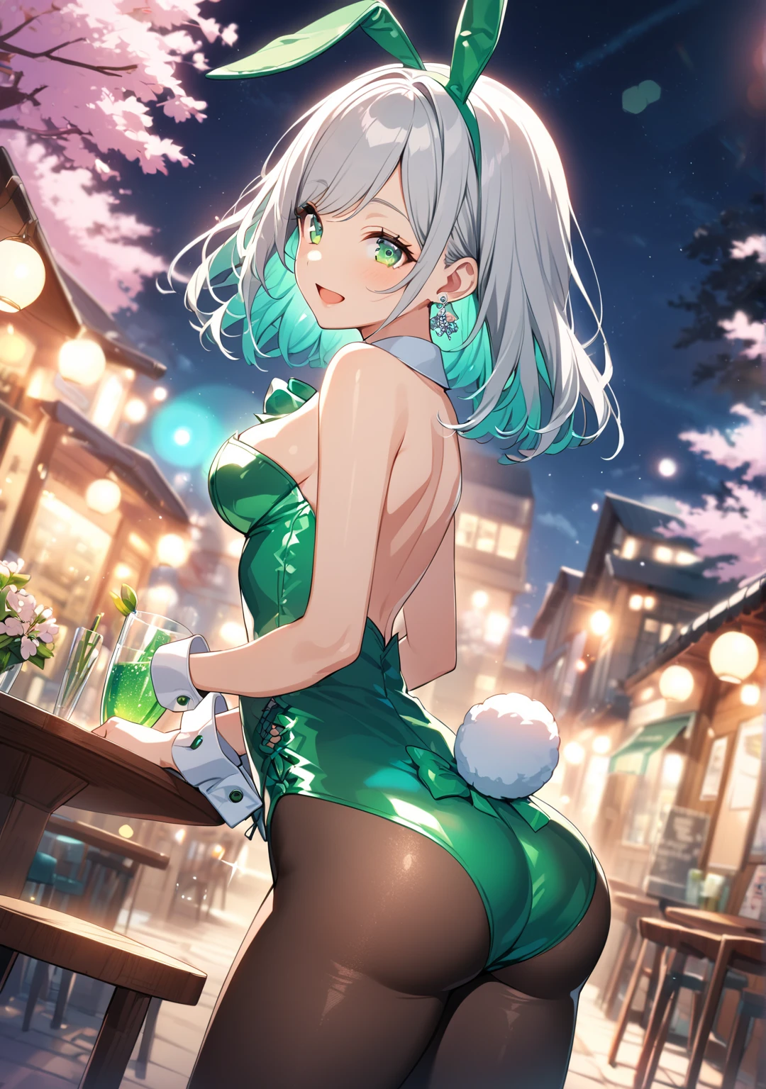 a one woman, Fox ears, Foxtail, Silver hair, Green eyes, big breasts, Leather, Transparent, pantyhouse, leather dress, Bodysuit, Mature Lady, Tall man, wide hips, big ass, Sexy, Mature,