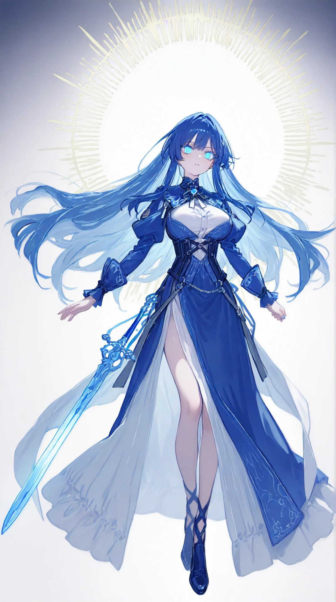 masterpiece、completely complete、super quality、Best Quality、cool、big breasts、 beauty、delicate、very long hair、hanging eye、sharp eyed、straight hair、long hair、anime-style、((cobalt blue hair:1.5))、((light blue eyes:1.5))、bungs、original character、intricate design、Unique Designs、long eyelashes、full bodyの描画、request、Possible Adoption、full body、background、((白いbackground:1.5))、full body、background無地、backgroundなし、characters only、vivid colors、 Suetsu、has a sword、((blue hair:1.5))。