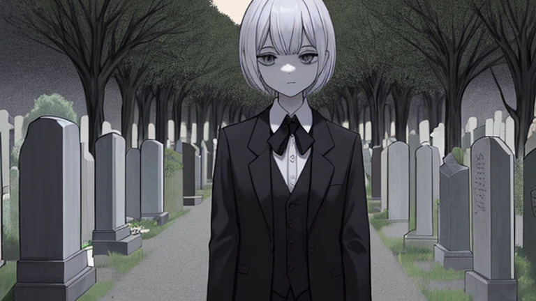 18 year old anime girl with gray hair and blue eyes standing in a foggy place with blood dripping from her mouth and swollen cheeks wearing a black suit