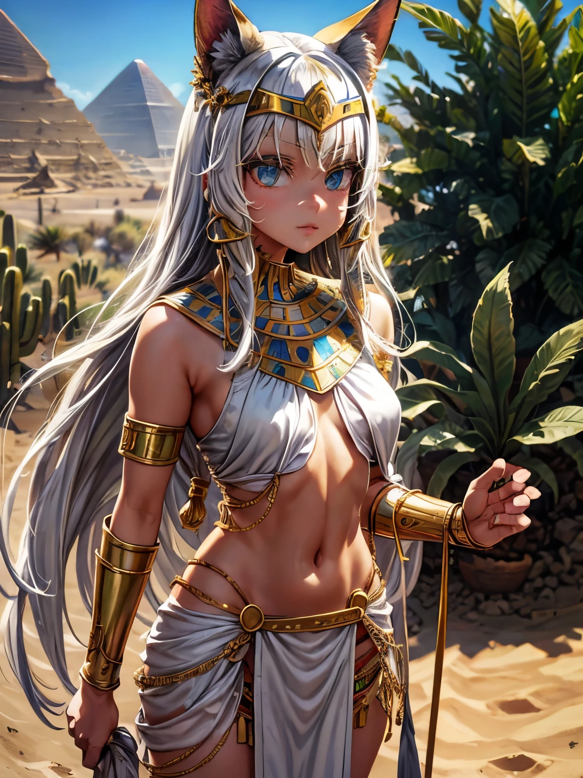 cute cat girl, egyptian armour, egyptian crown, warrior, white hair, cactus and desert vegetation background