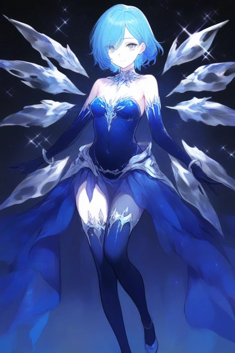 masterpiece, best quality, absurdres, <lora:nifl-fe-richy-v2:1>, nifldef, 1girl, solo, standing, blue dress, short dress, clothing cutout, fur trim, hooded cloak, white cloak, hair ornament, black gloves, elbow gloves, <lora:FEH_Concept_v2:1> FEH, black background, simple background, full body