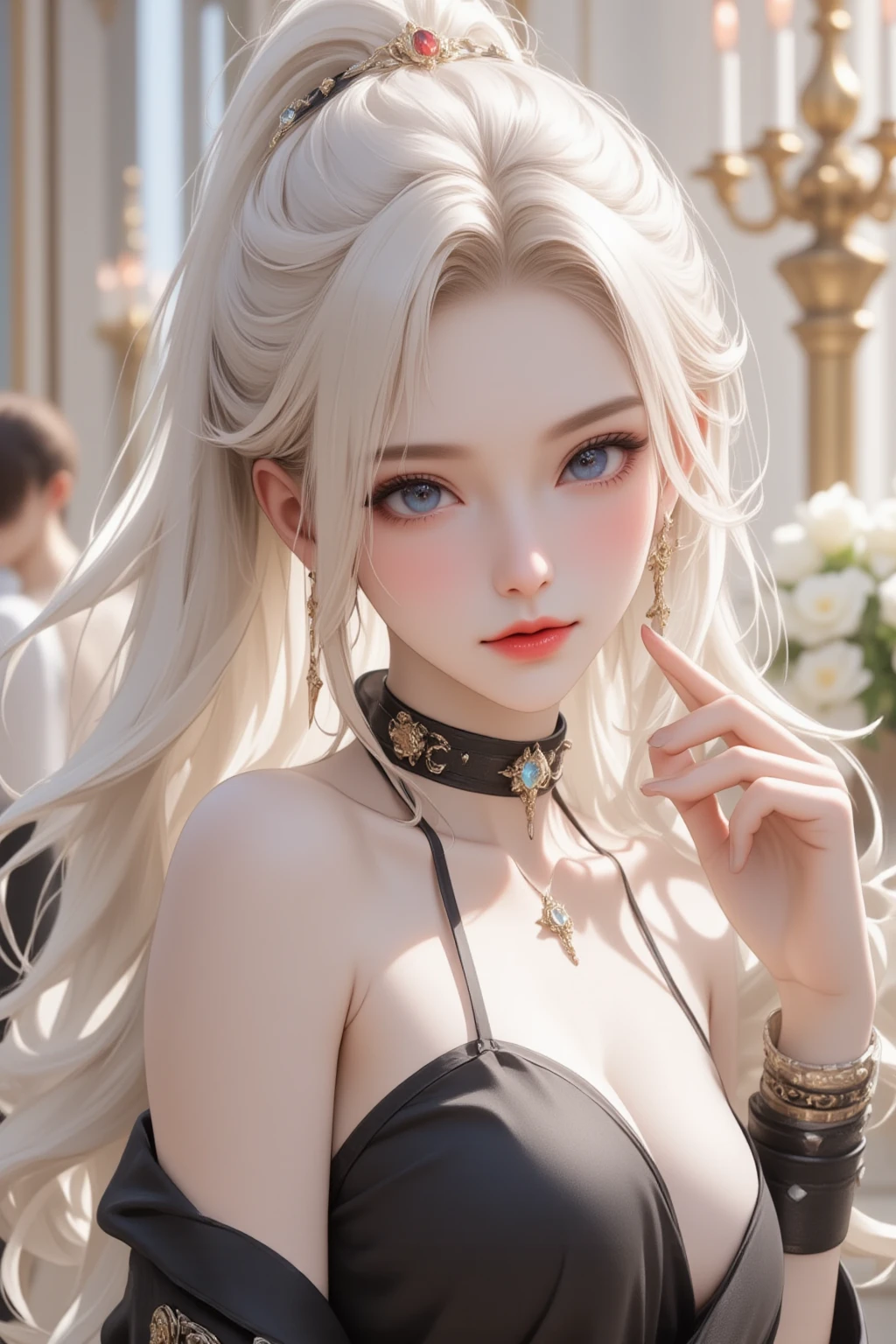 sfw, masterpiece,(masterpiece, top quality, best quality), 1girl, solo, long hair, jewelry, earrings, black background, looking at viewer, blue eyes, upper body, white hair, simple background, bangs, hand up, hair ornament, from side, light particles, bare shoulders, sparkle, long sleeves, breasts, blonde hair, dress, star (symbol), lips, eyelashes, wearing bra,((skinny waist)), young asian girl, ((big breasted)),