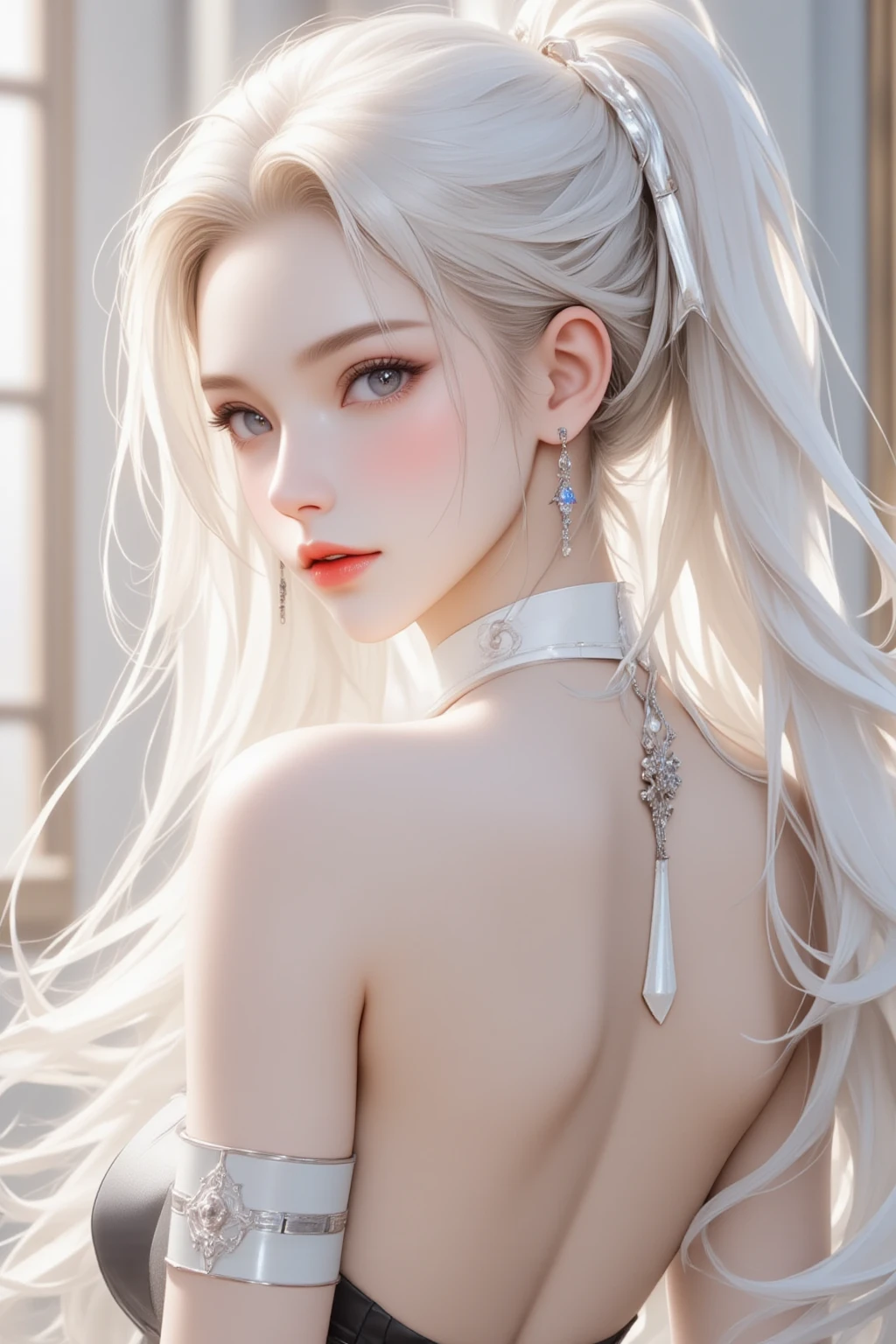 symetrical composition,White tones,white colors,Sexy girl nipple,little body,Petite,whaite hair,White hair