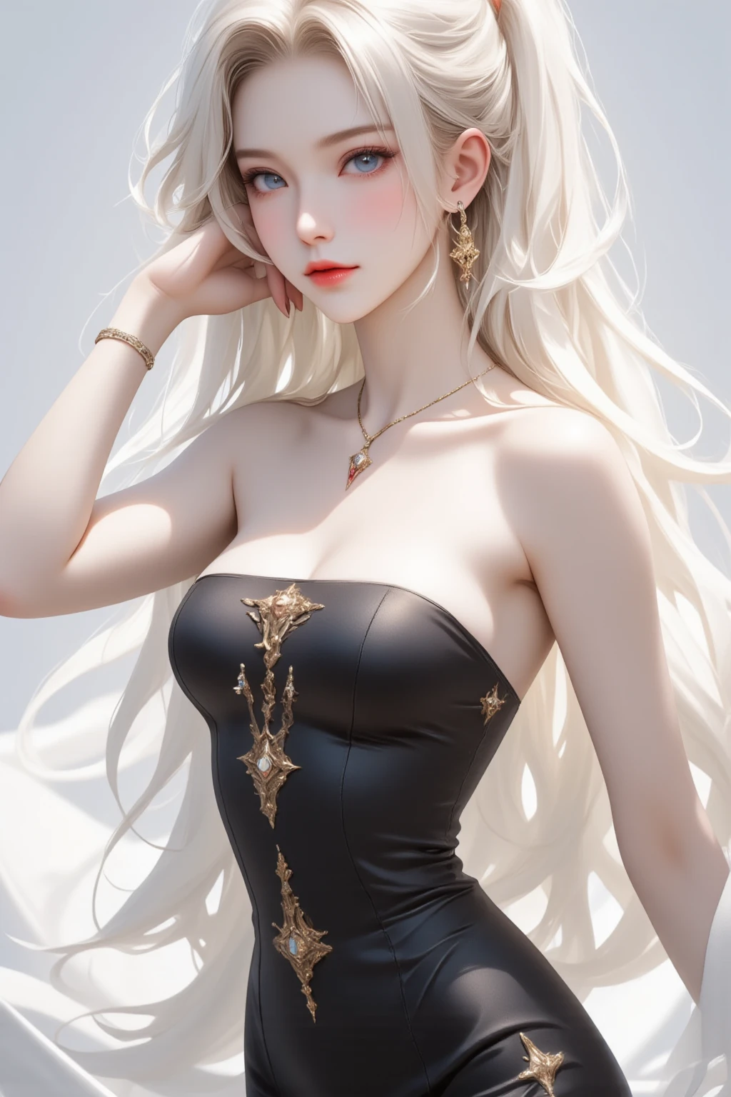 (Highest quality, Very detailed, Ultra-high resolution, 8k images), White Tone, White Curly Hair , Big Boobs ,