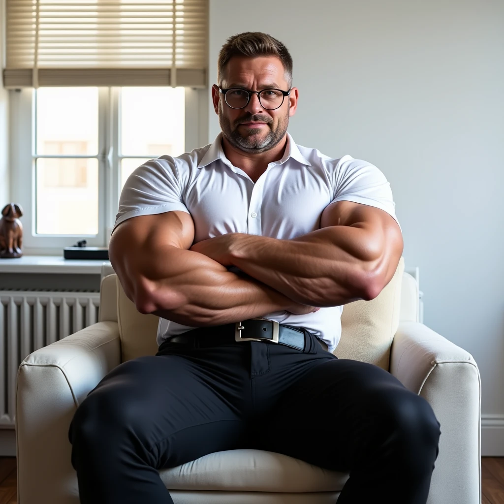 Big bodybuilder man, crying in a baby crib