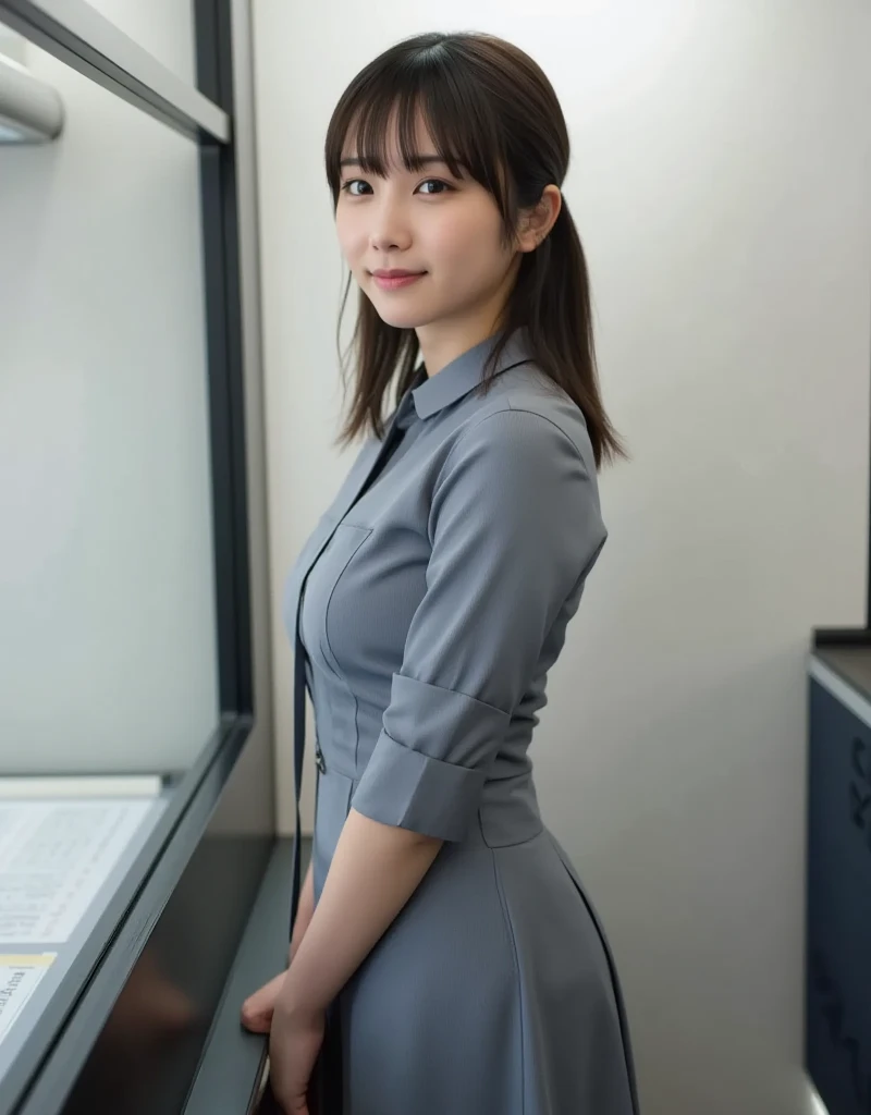 Highest quality、masterpiece、8k、Very detailed、Realistic、(One girl)、(Looking at me with a smile:1.5)、whole body、(Black Hair)、Short Hair、Small face、(Slender:1.2)、(Big Breasts:1.2)、(White business shirt with buttons and a collar:1.2)、(short tight skirt in gray,:1.2)、(Grey business jacket:1.2)、(Erect nipples:1.2)